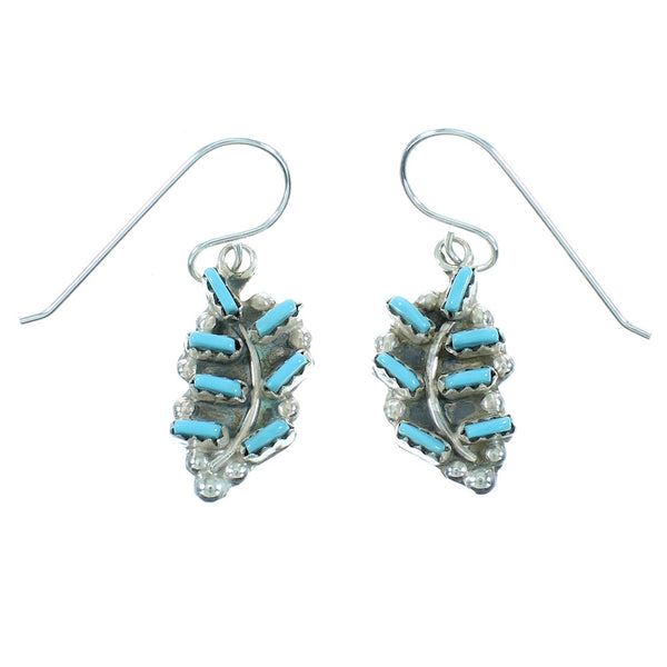 Turquoise Needlepoint Zuni Sterling Silver Leaf Hook Dangle Earrings AX102604